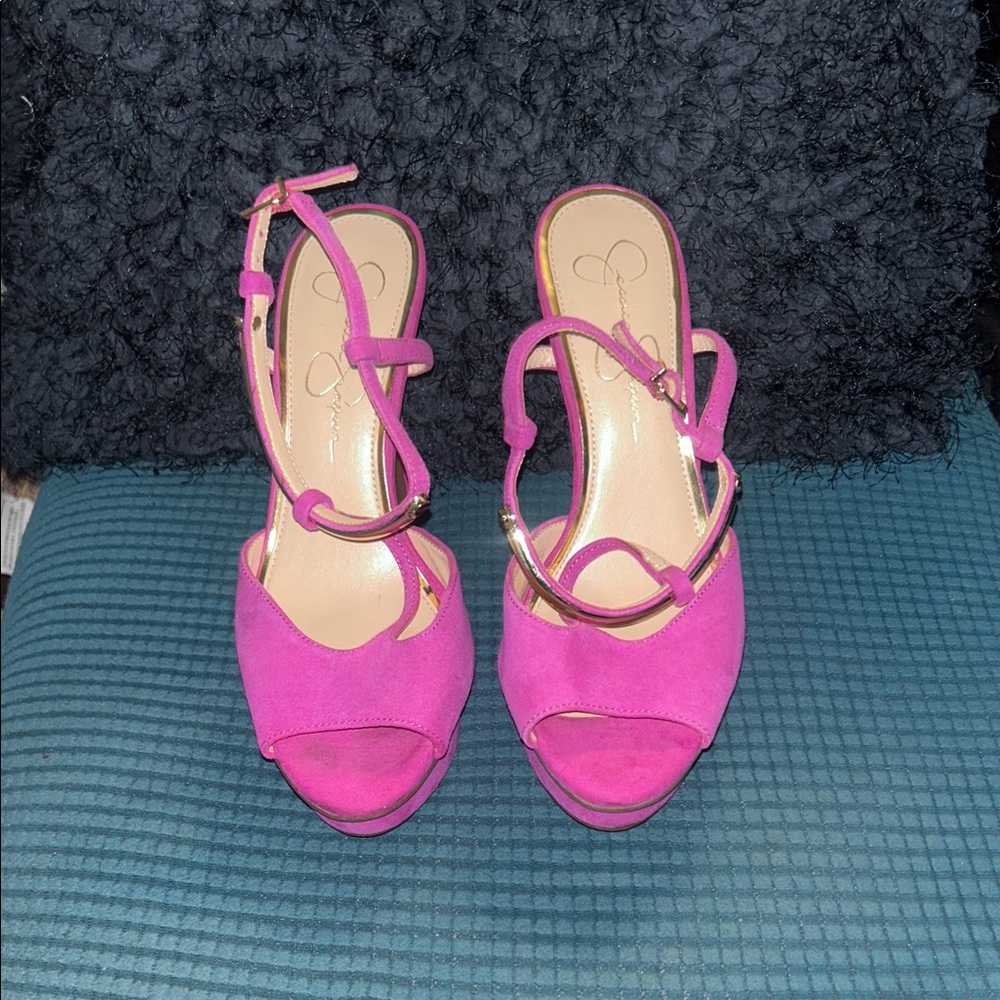 NWOT Jessica Simpson Pink T-Strap Leather Platform Sandals, Size 7